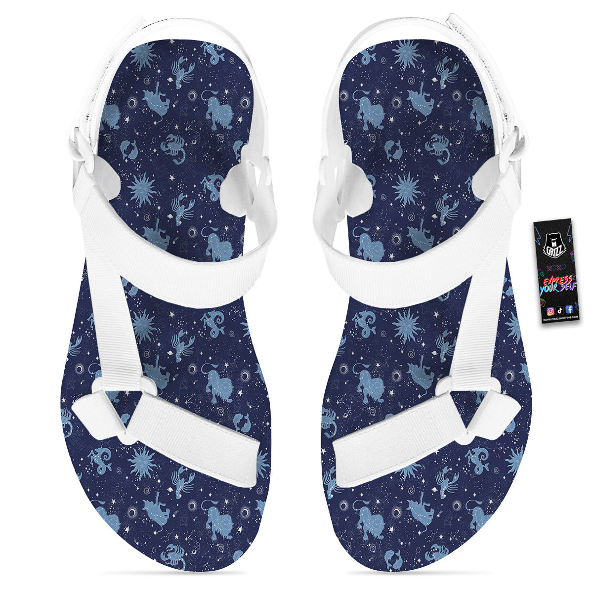 Constellation Signs Zodiac Print Pattern White Open Toe Sandals-grizzshop