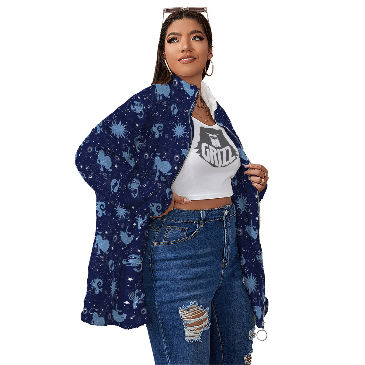 Constellation Signs Zodiac Print Pattern Women's Sherpa Jacket-grizzshop
