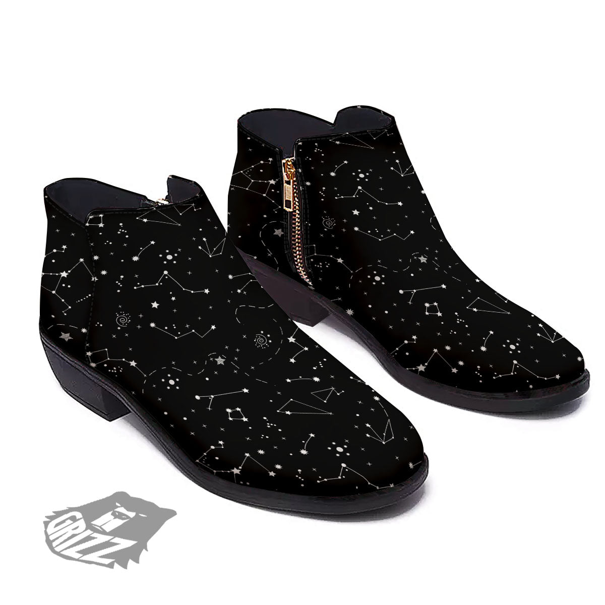 Constellation White And Black Print Ankle Boots-grizzshop