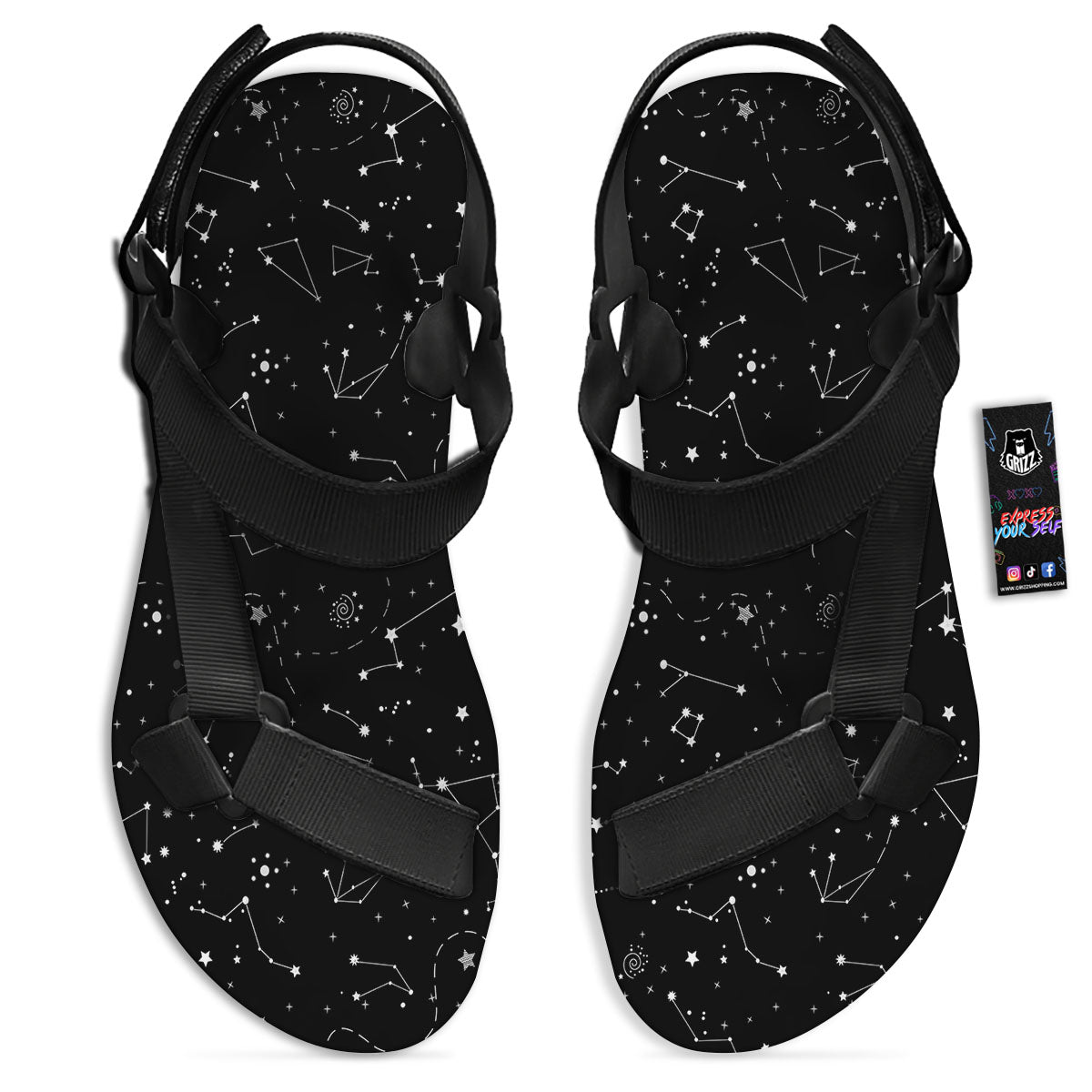 Constellation White And Black Print Black Open Toe Sandals-grizzshop