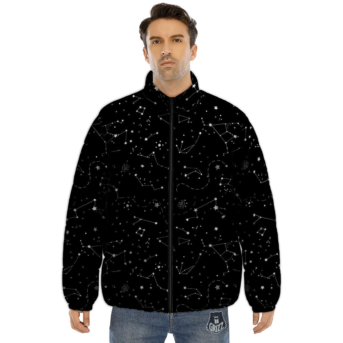 Constellation White And Black Print Puffer Jacket-grizzshop