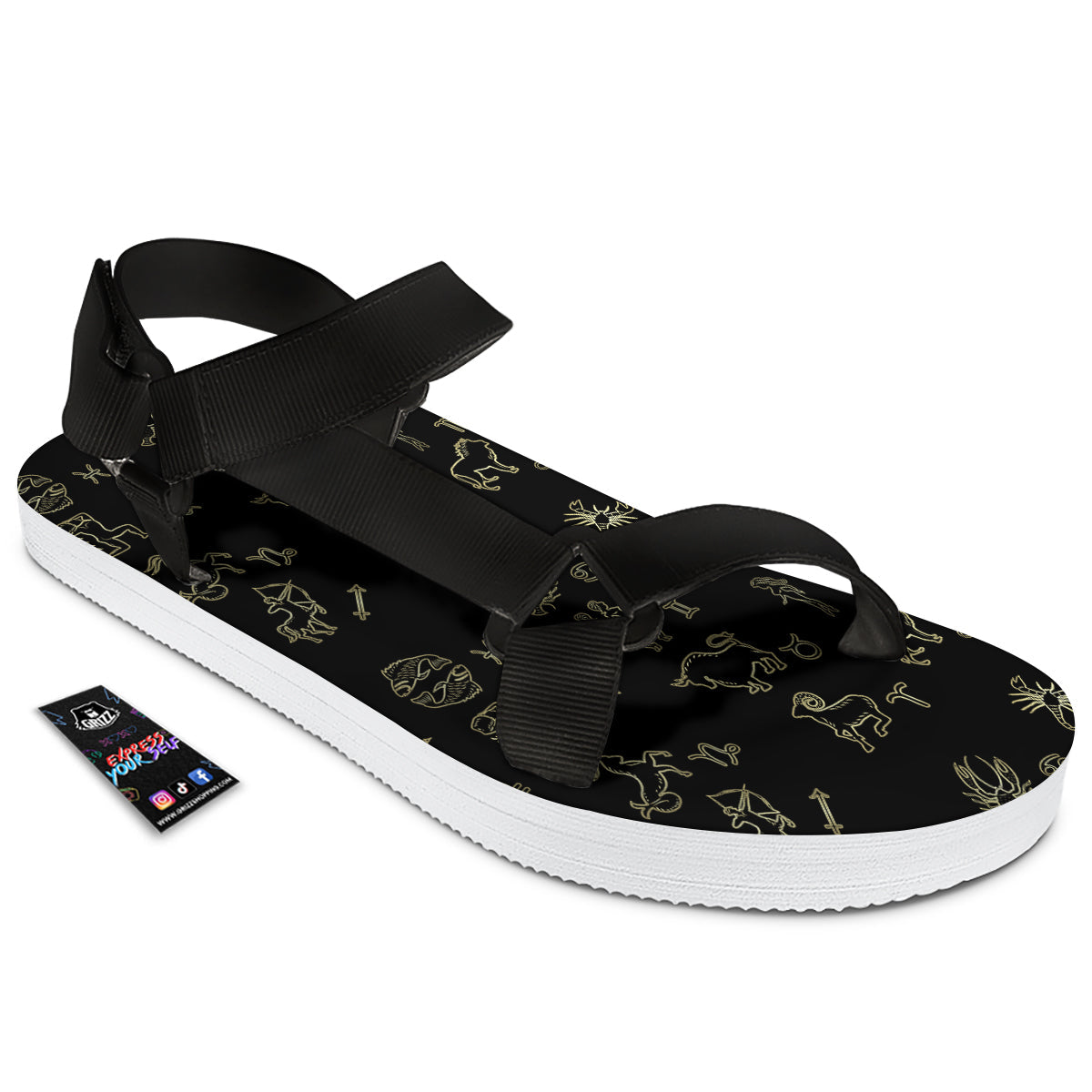 Constellation Zodiac Print Pattern Black Open Toe Sandals-grizzshop
