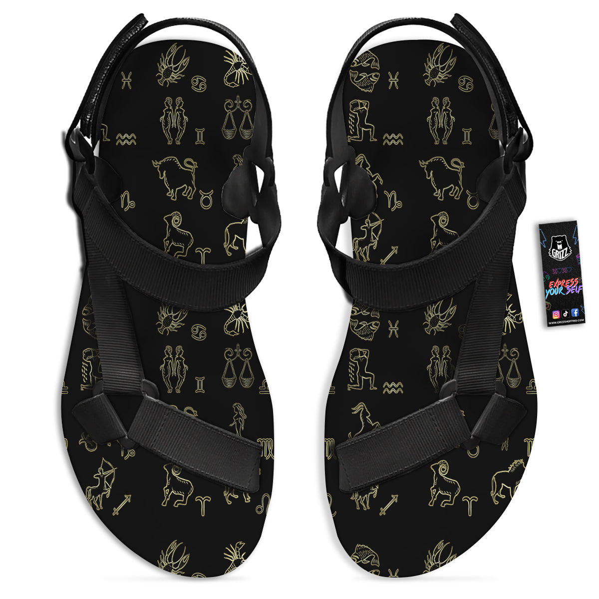 Constellation Zodiac Print Pattern Black Open Toe Sandals-grizzshop