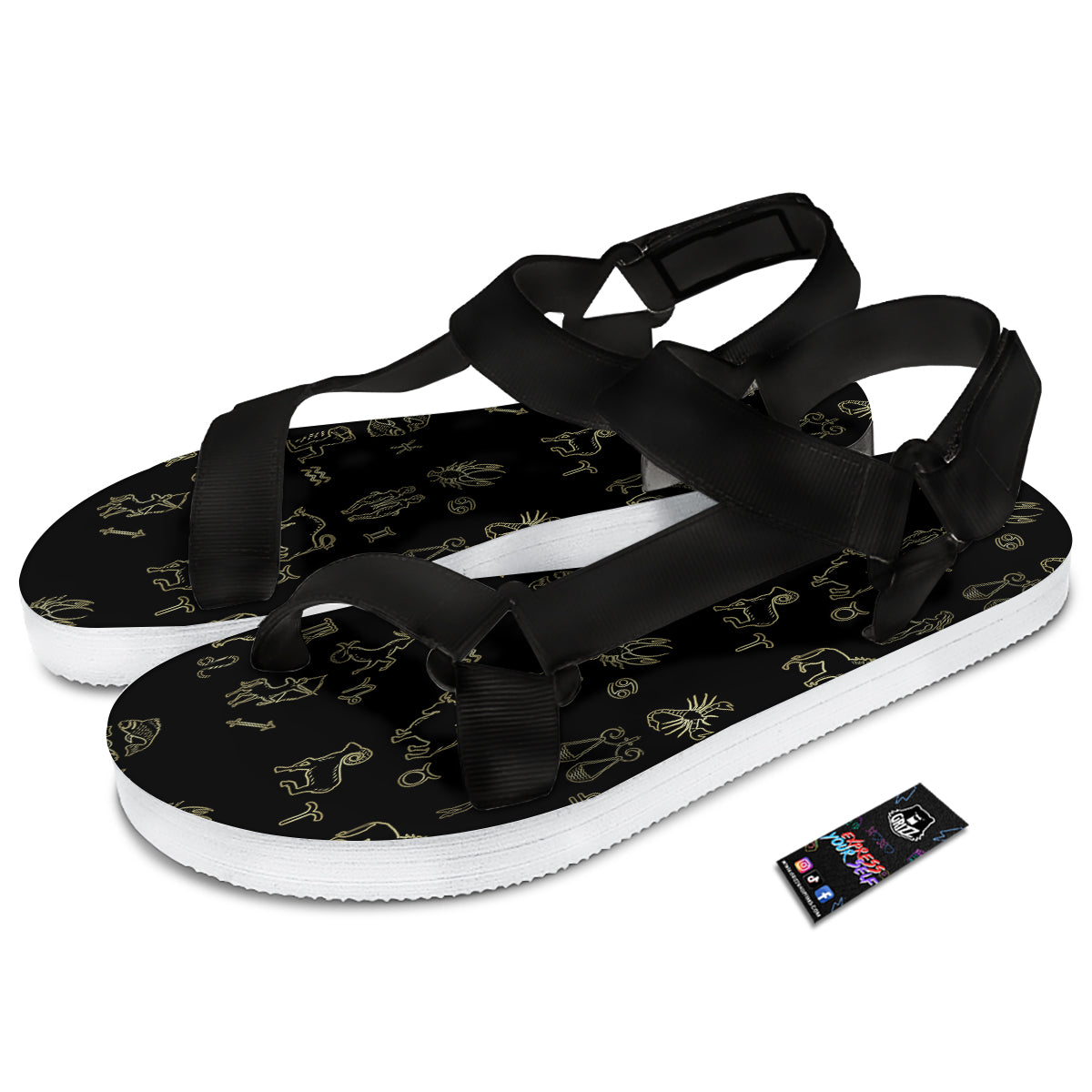Constellation Zodiac Print Pattern Black Open Toe Sandals-grizzshop