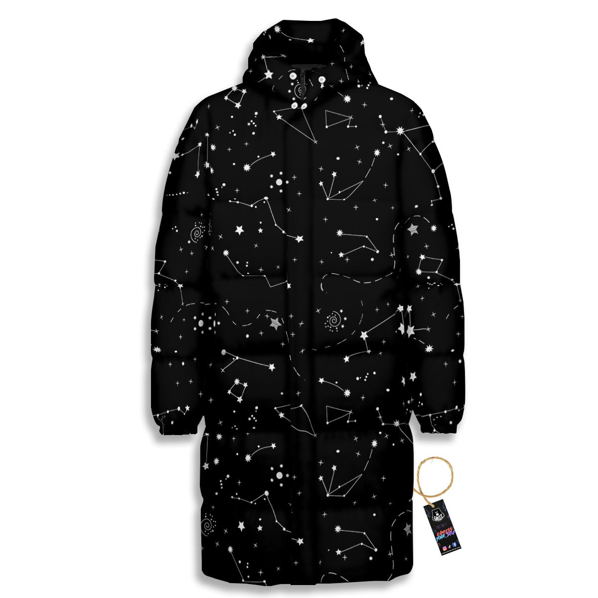 Constellation White And Black Print Long Down Jacket