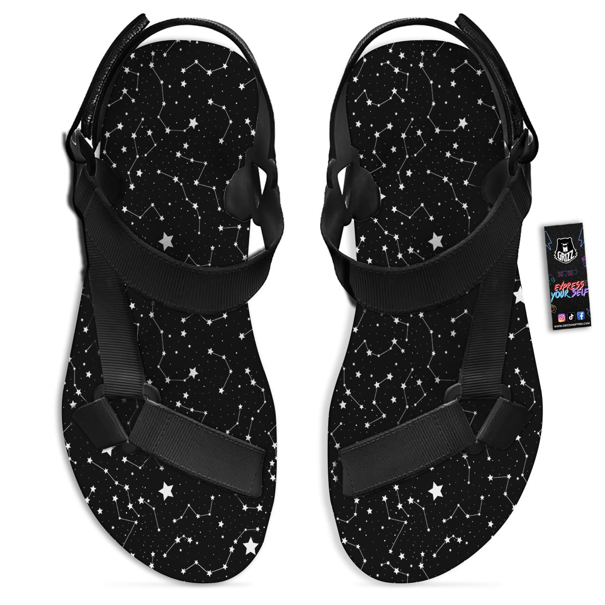 Constellations Star Print Pattern Black Open Toe Sandals-grizzshop