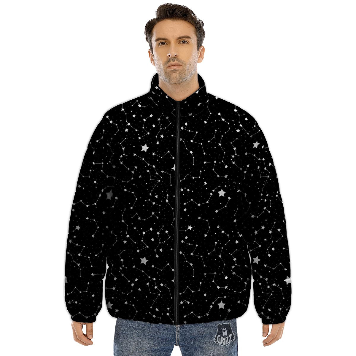 Constellations Star Print Pattern Puffer Jacket-grizzshop