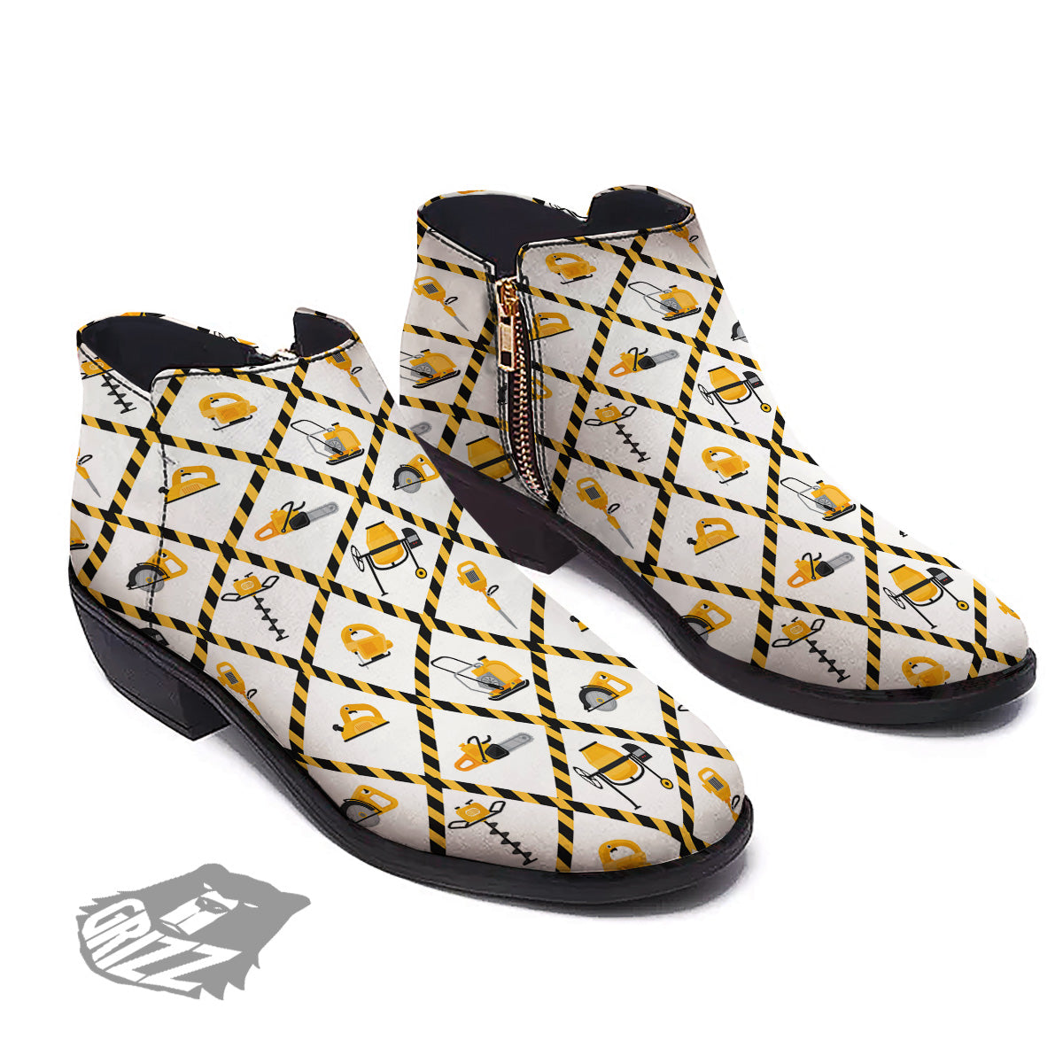 Construction Equipment Yellow Print Pattern Ankle Boots-grizzshop