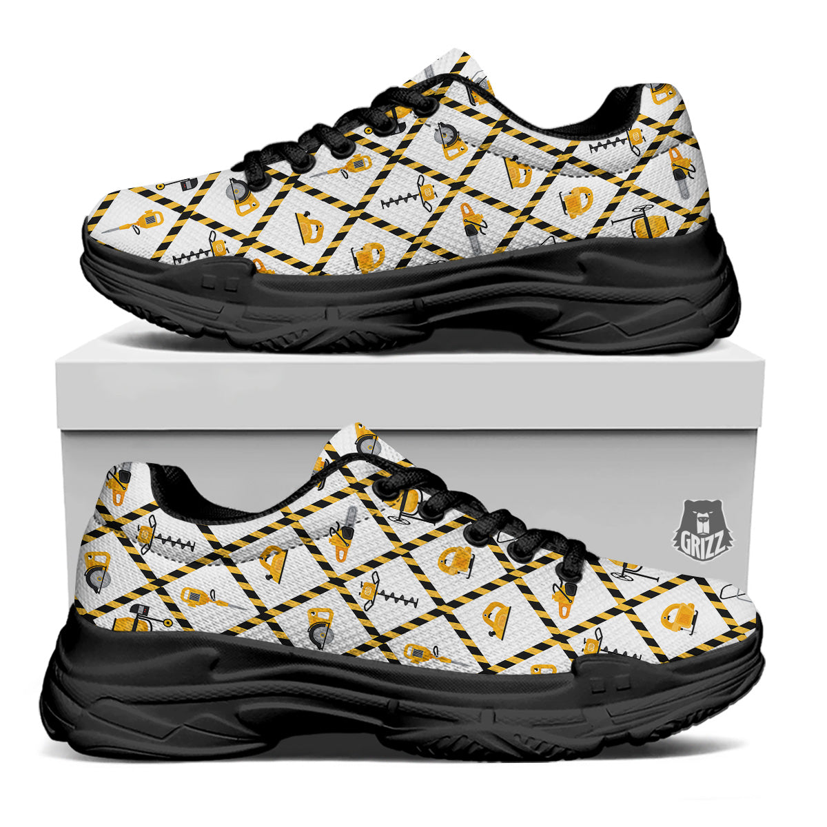 Construction Equipment Yellow Print Pattern Black Chunky Shoes-grizzshop