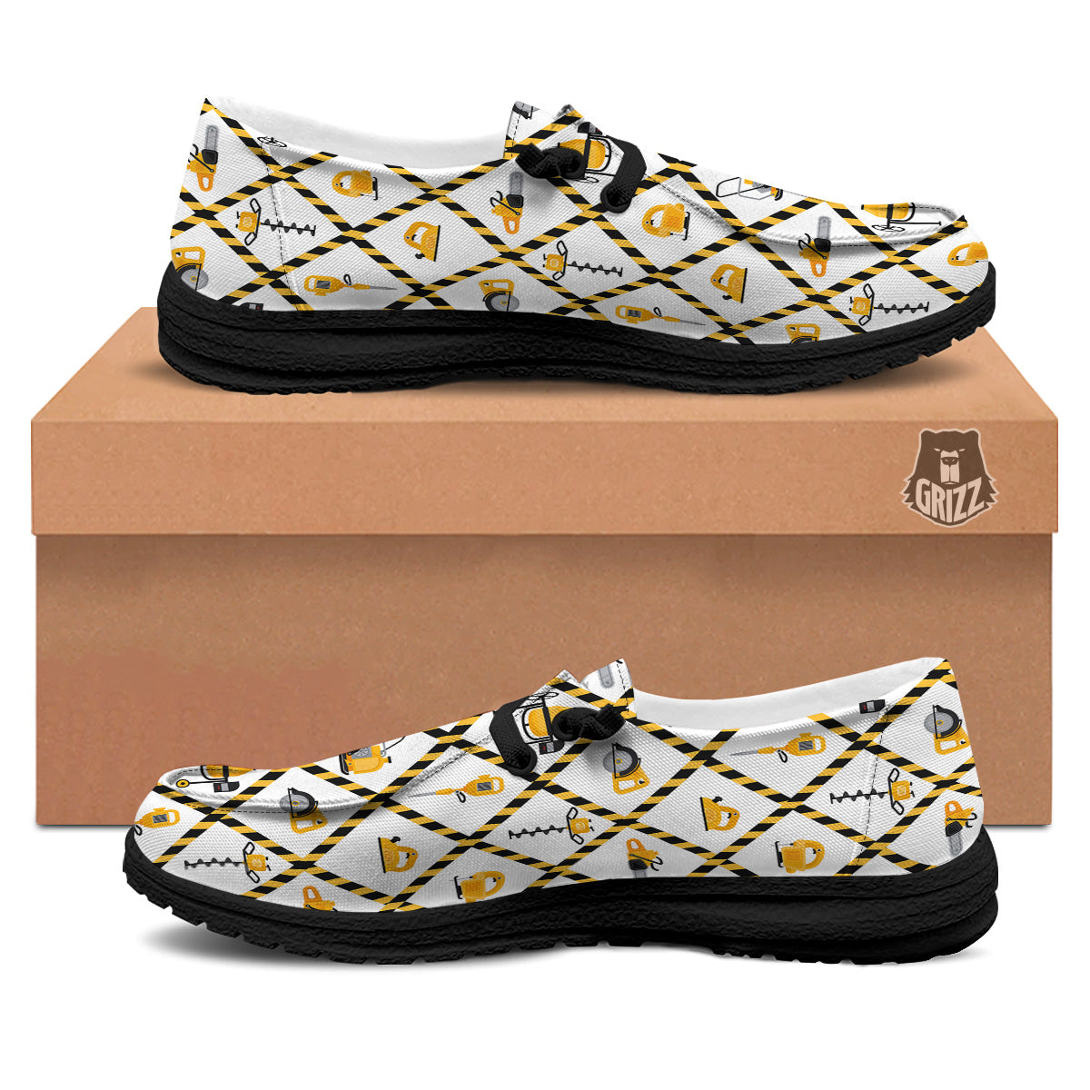 Construction Equipment Yellow Print Pattern Black Loafers-grizzshop