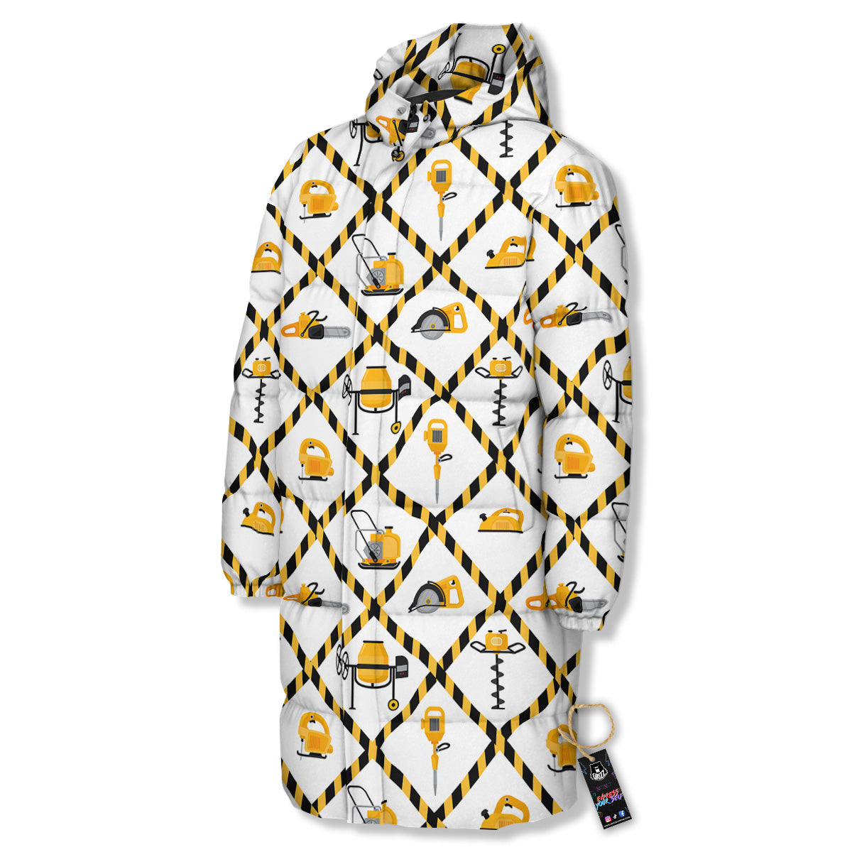 Construction Equipment Yellow Print Pattern Long Down Jacket-grizzshop