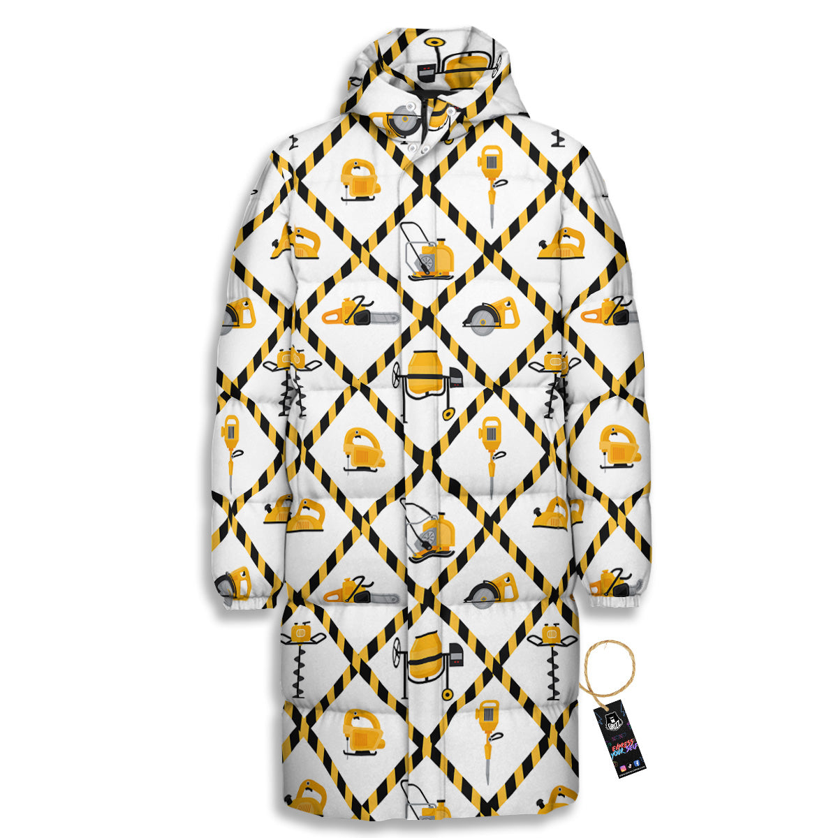 Construction Equipment Yellow Print Pattern Long Down Jacket-grizzshop