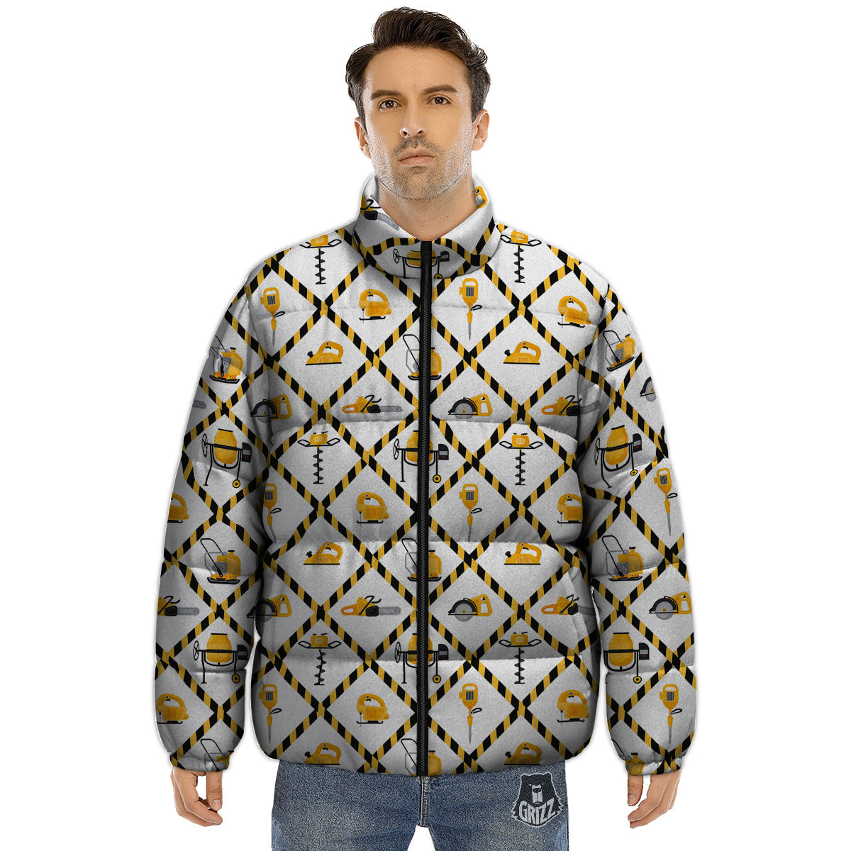 Construction Equipment Yellow Print Pattern Puffer Jacket-grizzshop