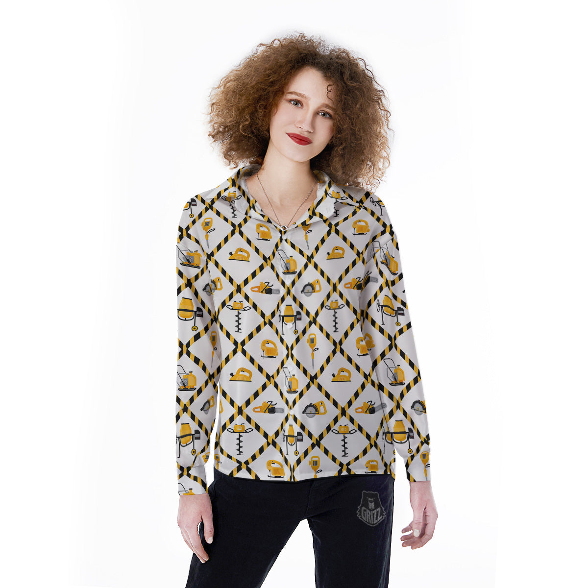 Construction Equipment Yellow Print Pattern Women's Long Sleeve Shirts-grizzshop