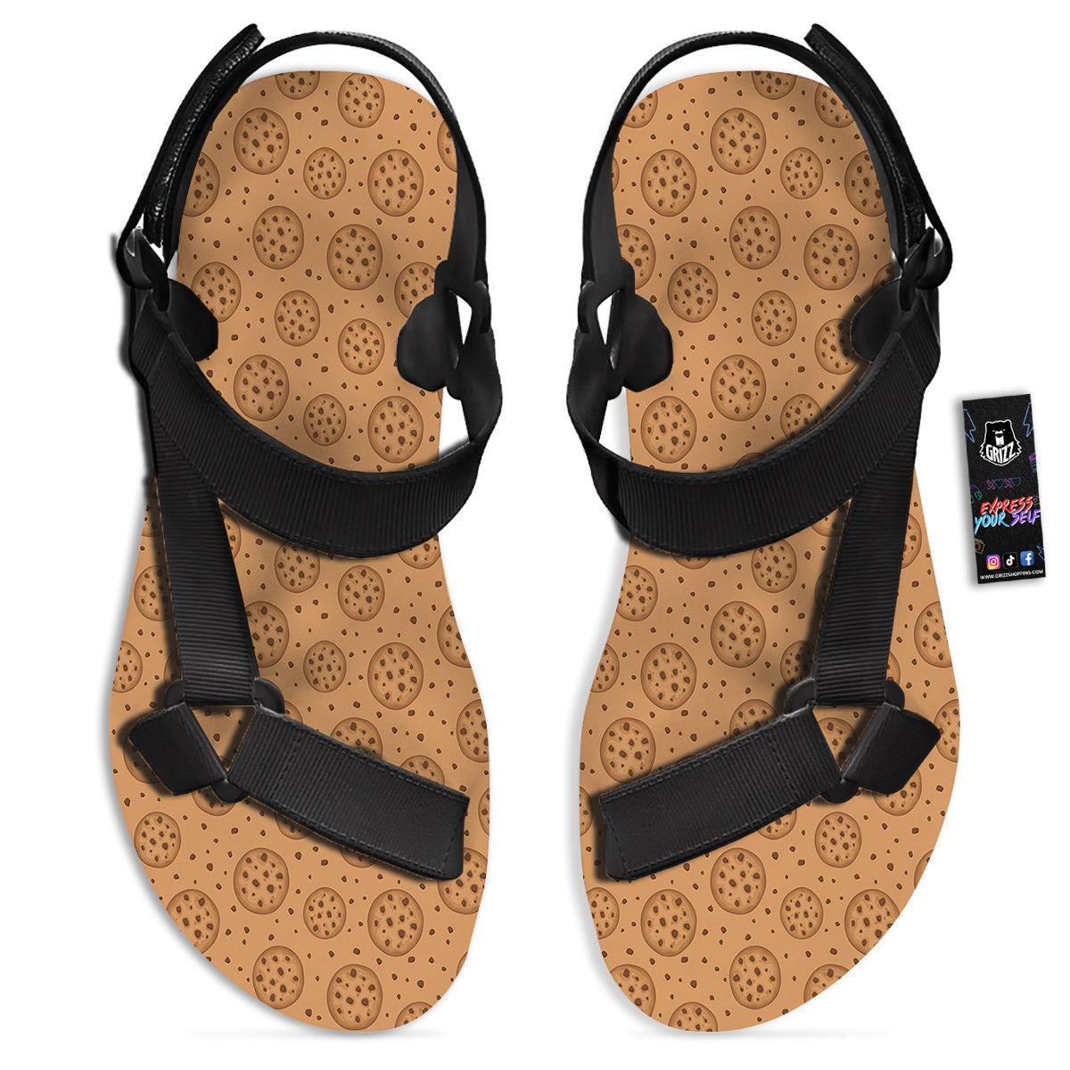 Cookie Chocolate Chip Print Pattern Black Open Toe Sandals-grizzshop