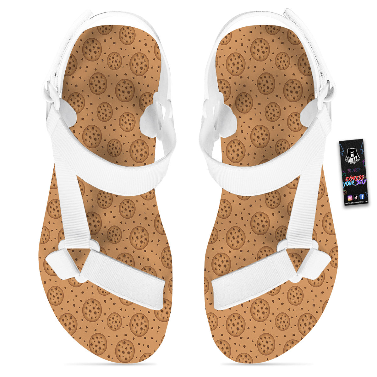 Cookie Chocolate Chip Print Pattern White Open Toe Sandals-grizzshop