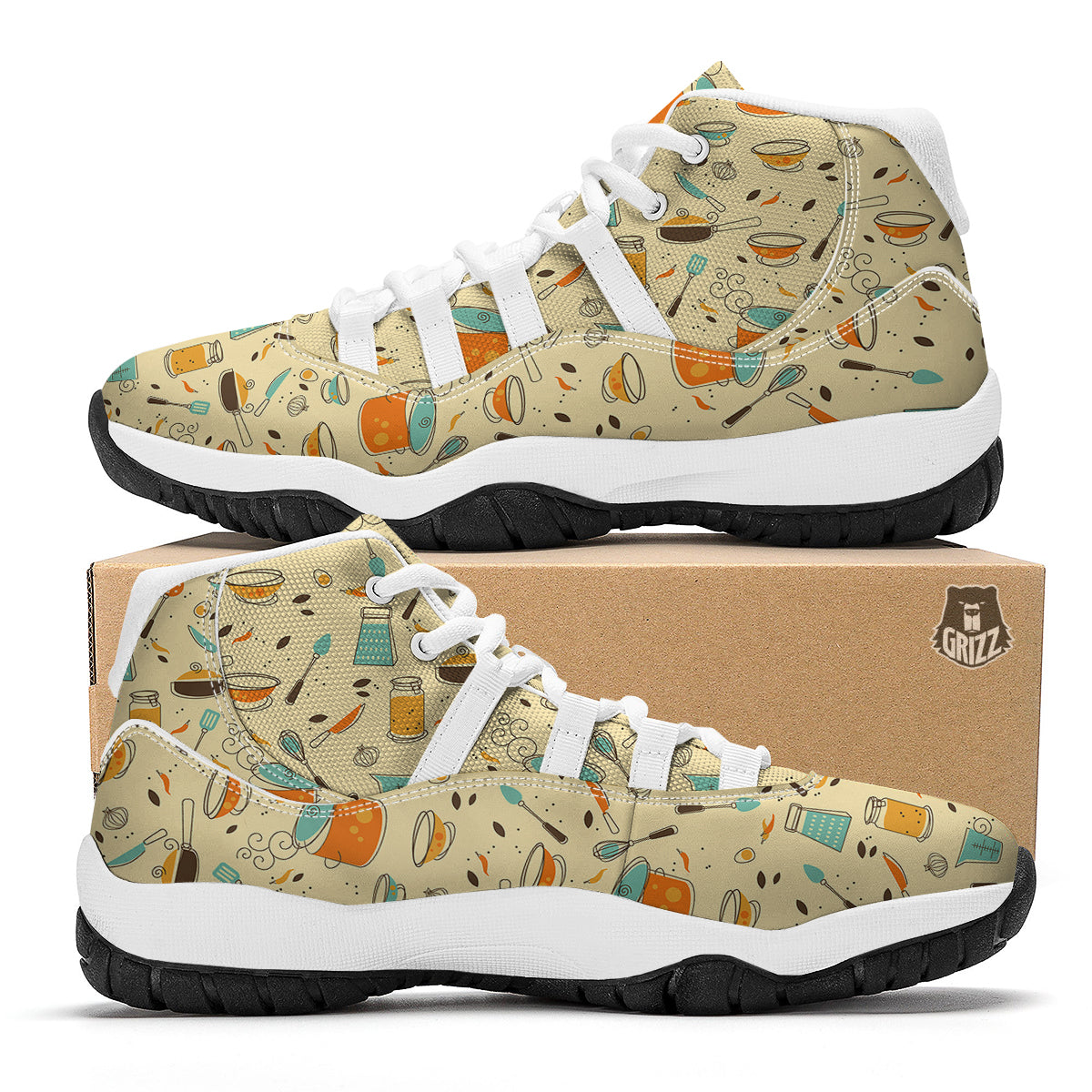 Cooking And Beige Print Pattern White Bball Shoes-grizzshop