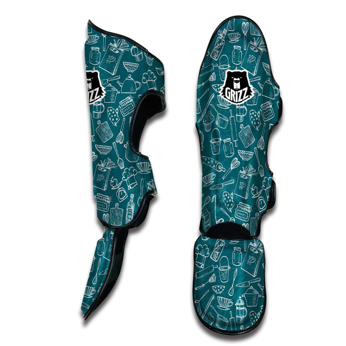 Cooking White Blue Print Pattern Muay Thai Shin Guards-grizzshop