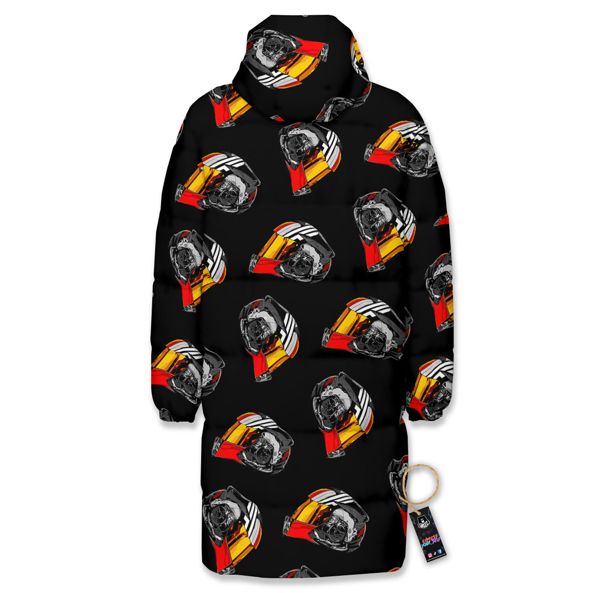 Cool Biker Helmet Print Pattern Long Down Jacket-grizzshop