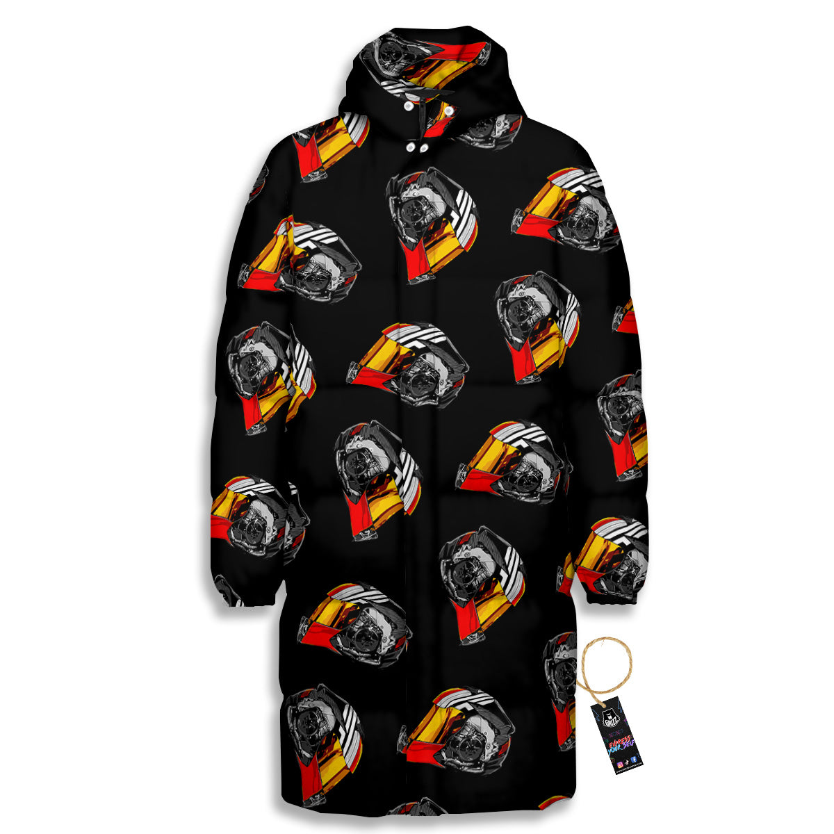 Cool Biker Helmet Print Pattern Long Down Jacket-grizzshop