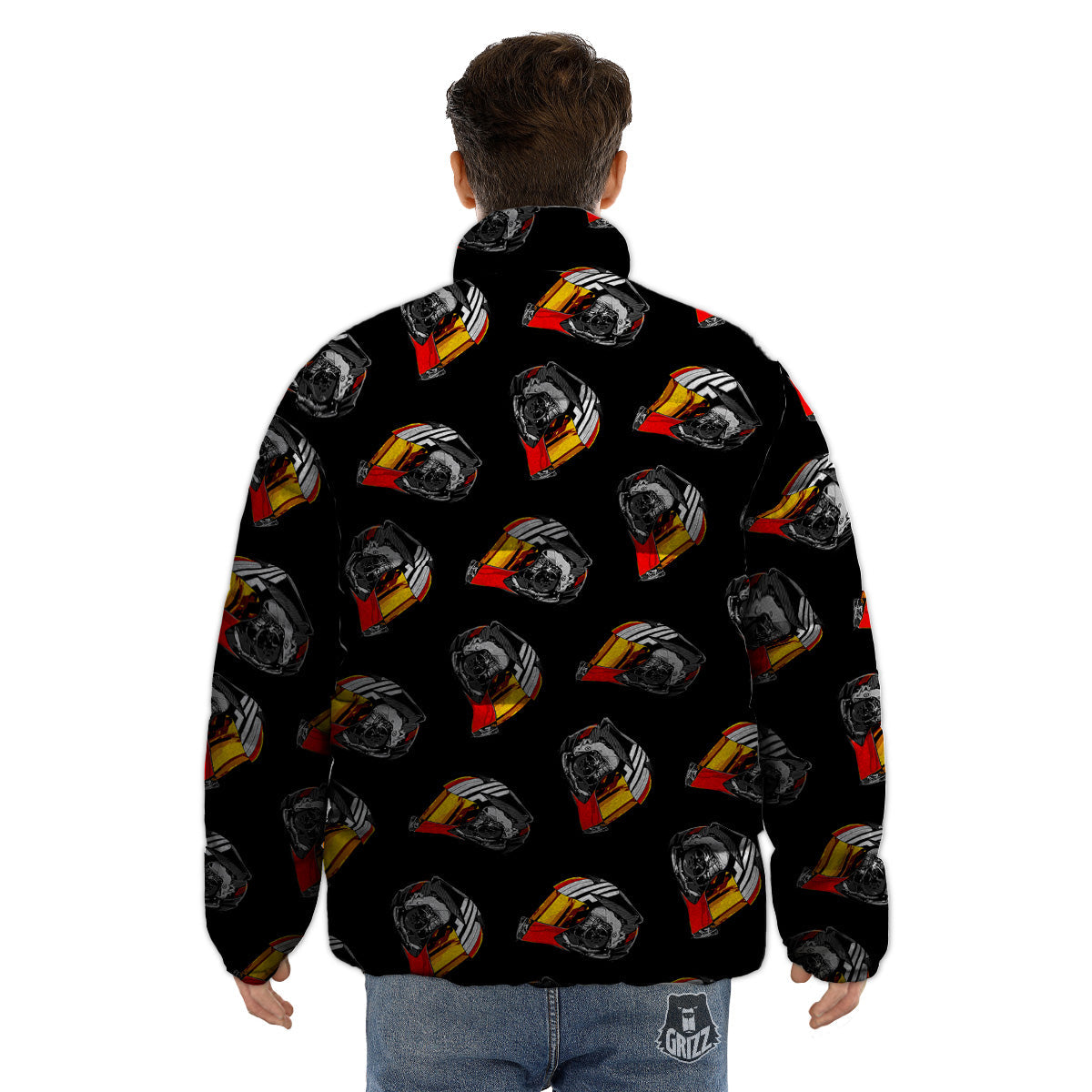 Cool Biker Helmet Print Pattern Puffer Jacket-grizzshop