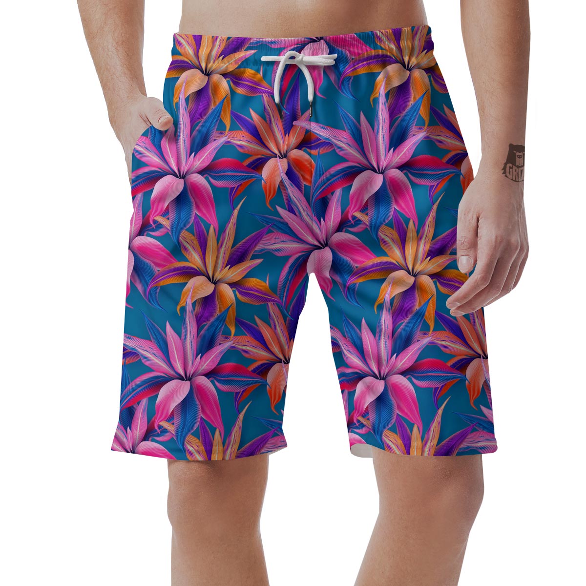 Cordyline Tropical Floral Print Men's Shorts-grizzshop