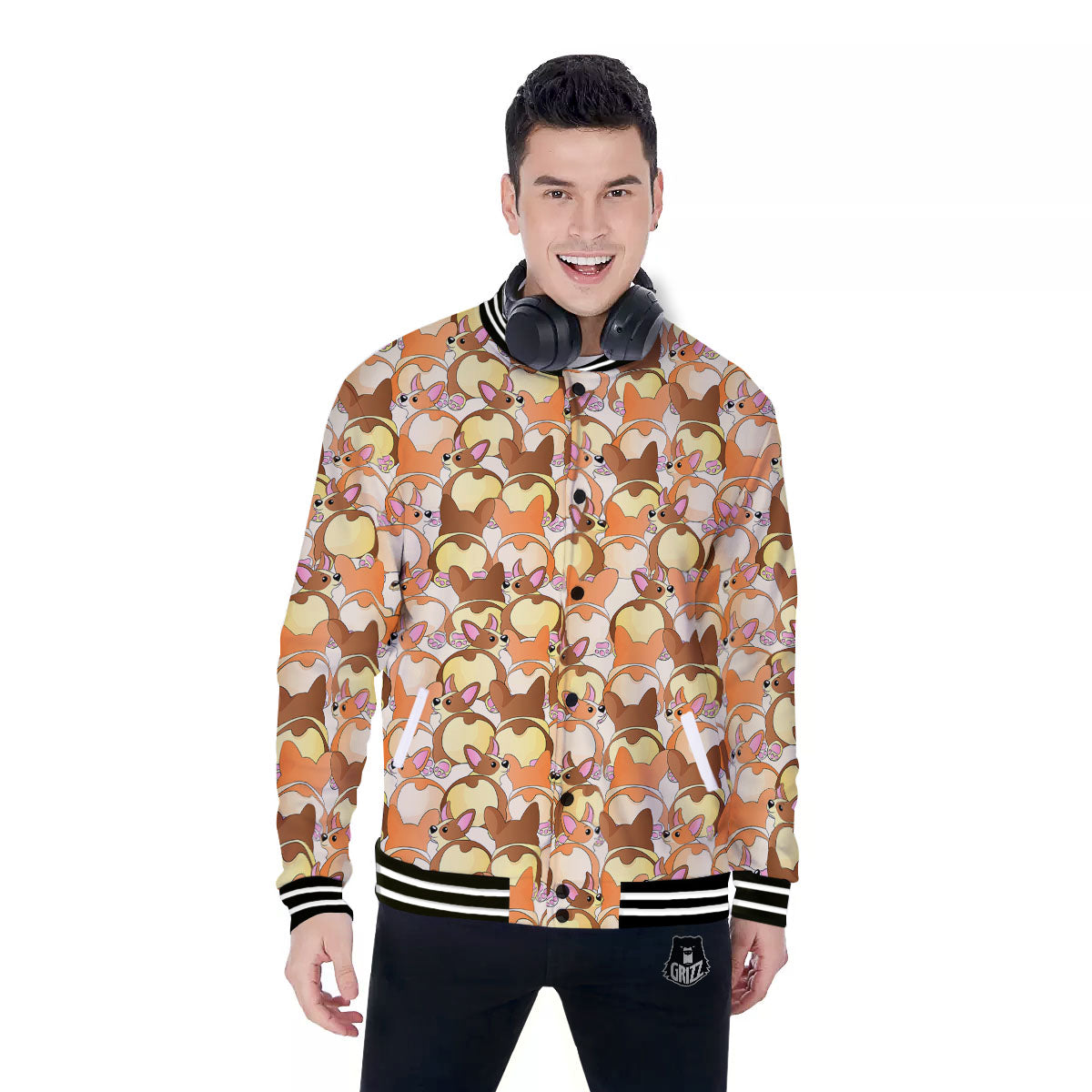 Corgi Butt Print Pattern Baseball Jacket-grizzshop
