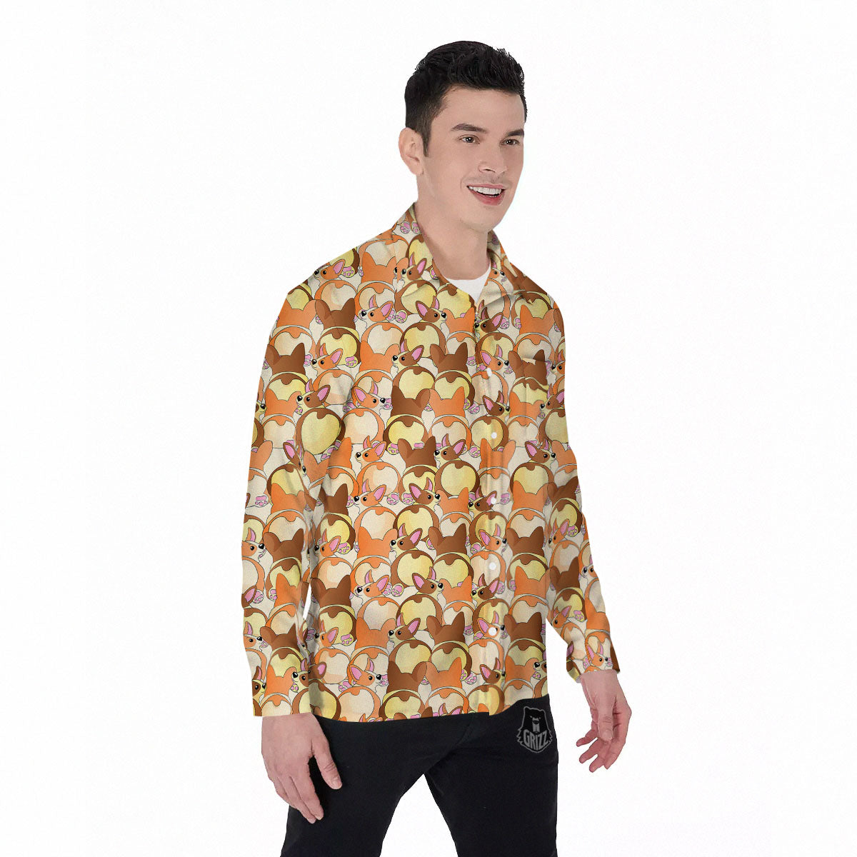 Corgi Butt Print Pattern Men's Long Sleeve Shirts-grizzshop