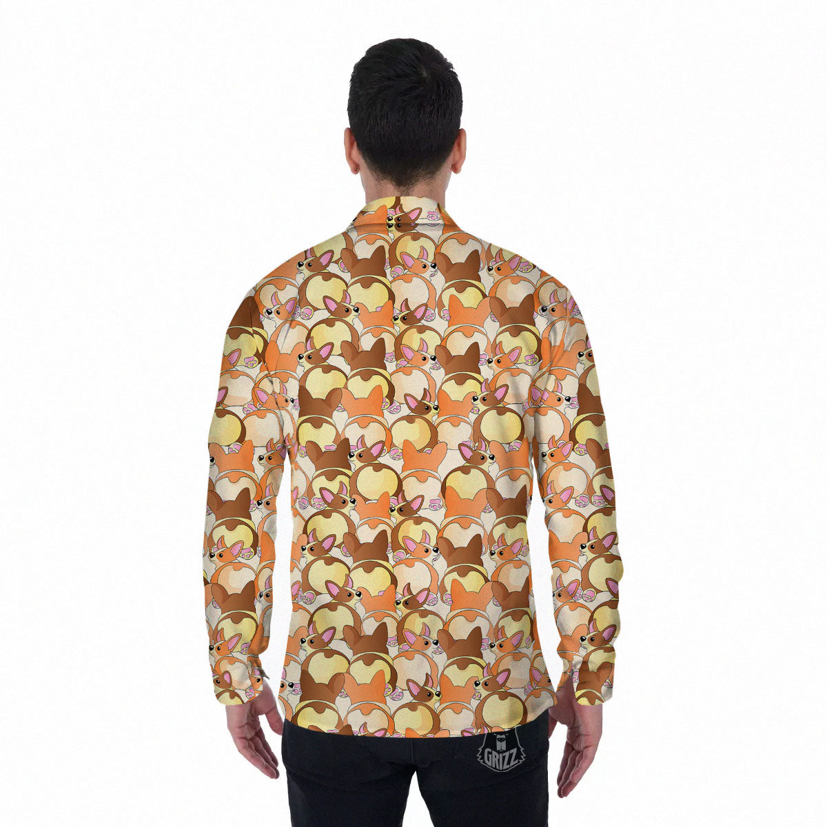 Corgi Butt Print Pattern Men's Long Sleeve Shirts-grizzshop