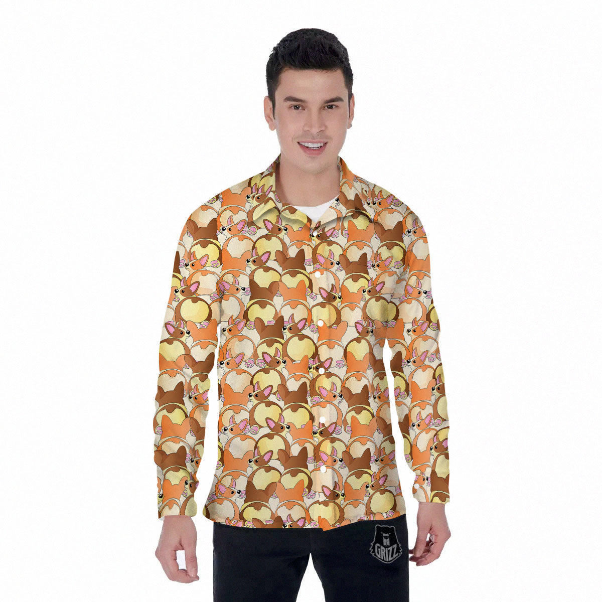 Corgi Butt Print Pattern Men's Long Sleeve Shirts-grizzshop