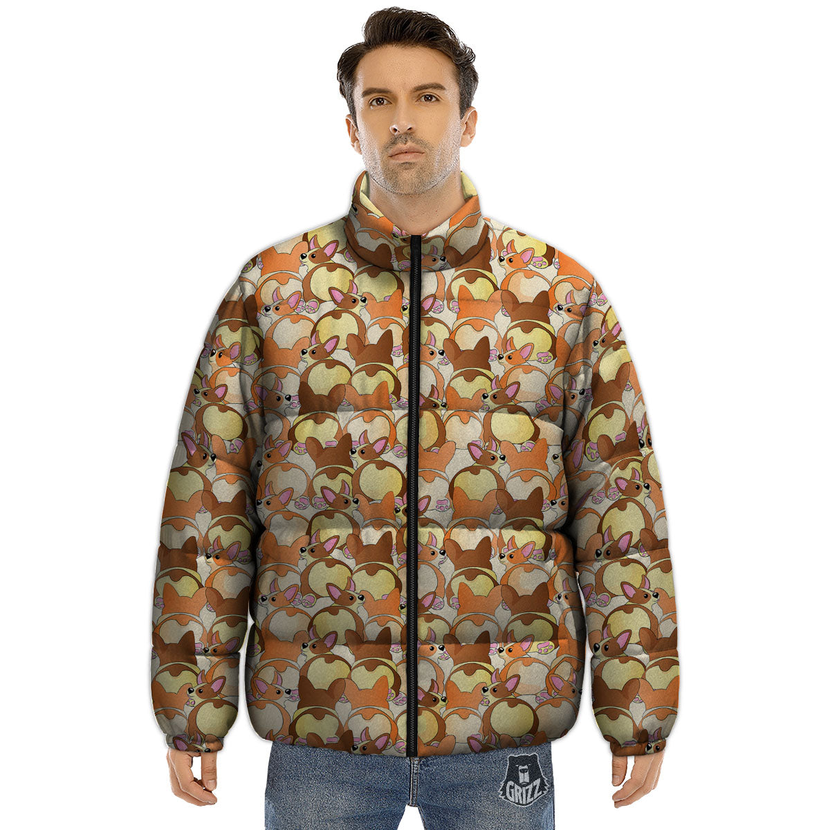 Corgi Butt Print Pattern Puffer Jacket-grizzshop