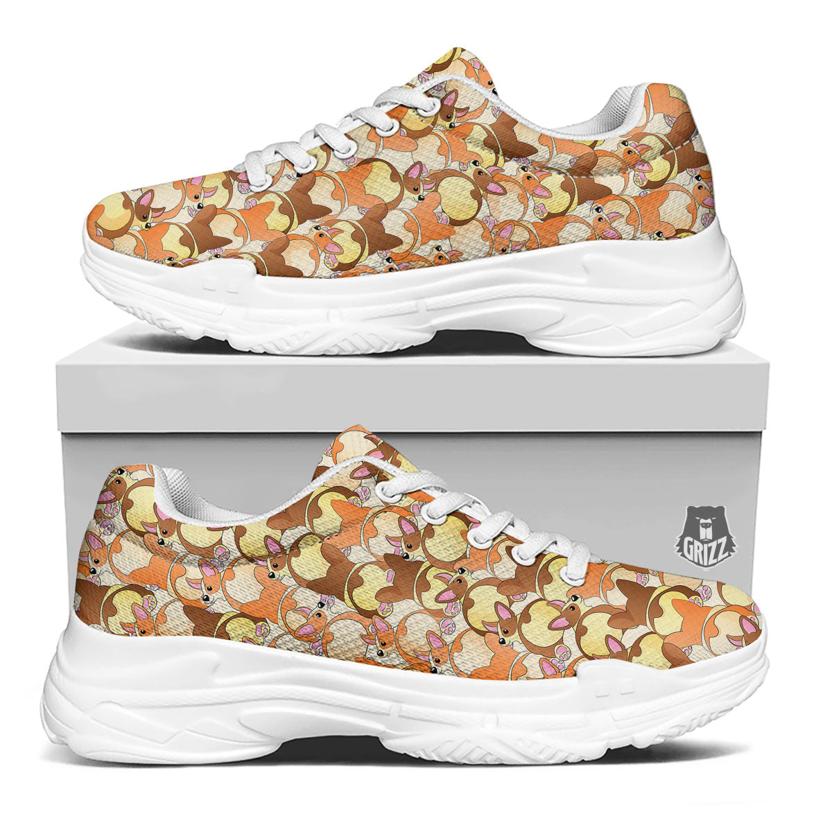 Corgi Butt Print Pattern White Chunky Shoes-grizzshop