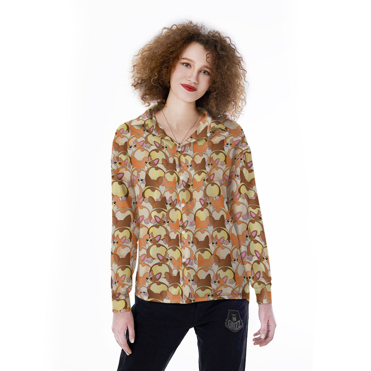 Corgi Butt Print Pattern Women's Long Sleeve Shirts-grizzshop