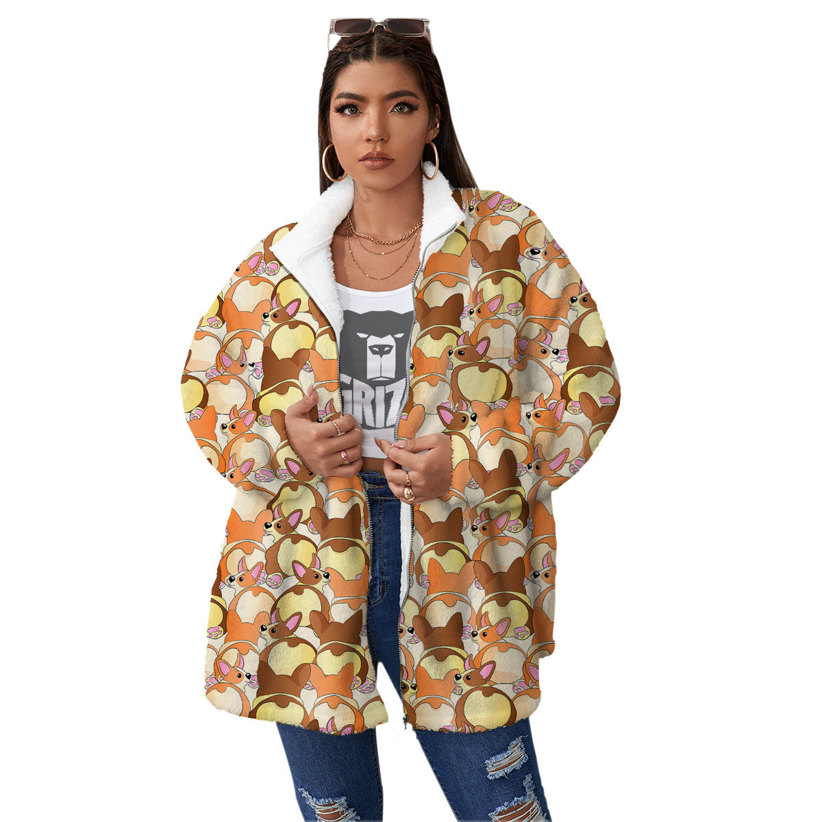 Corgi Butt Print Pattern Women's Sherpa Jacket-grizzshop