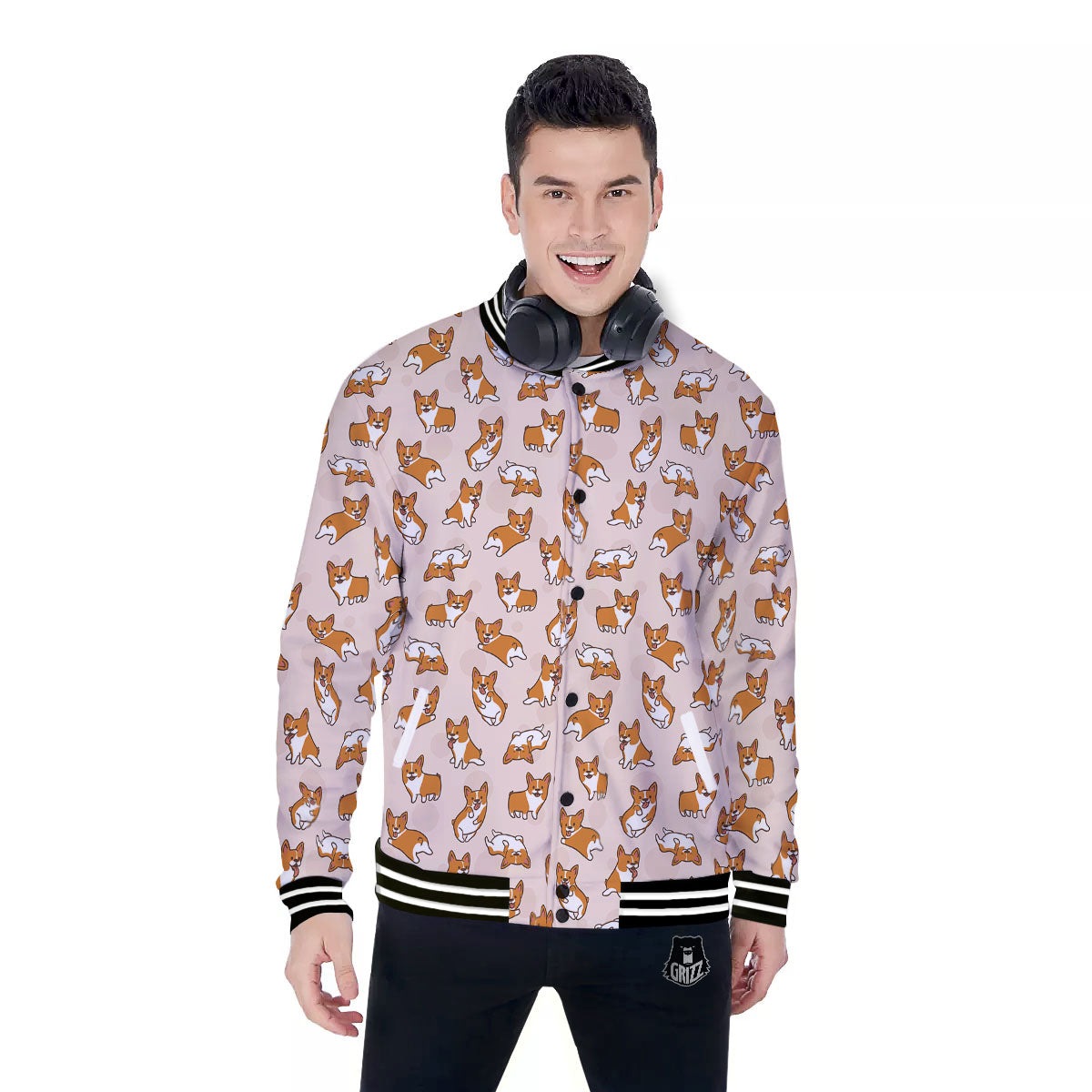 Corgi Cartoon Print Pattern Baseball Jacket-grizzshop