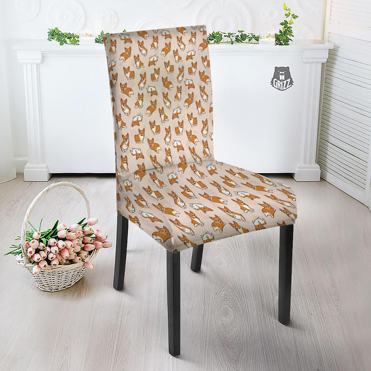 Corgi Cartoon Print Pattern Dining Chair Slipcover-grizzshop