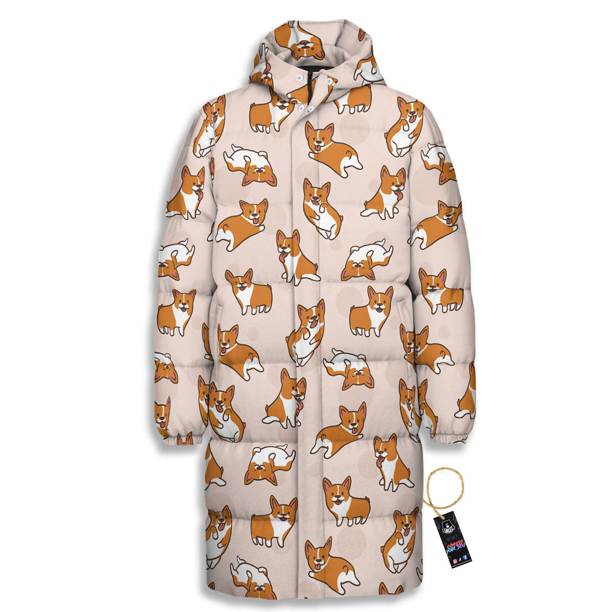 Corgi Cartoon Print Pattern Long Down Jacket-grizzshop