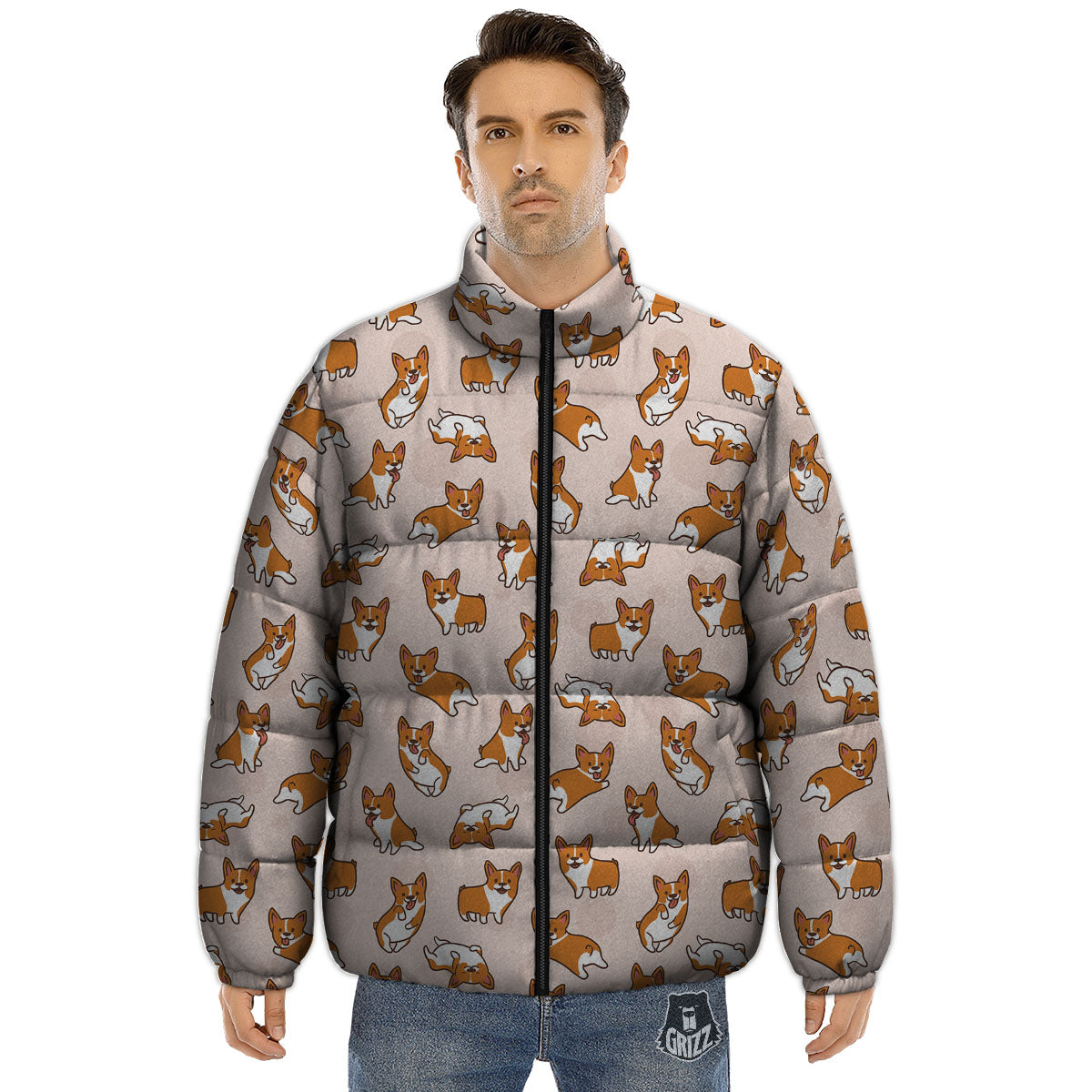 Corgi Cartoon Print Pattern Puffer Jacket-grizzshop