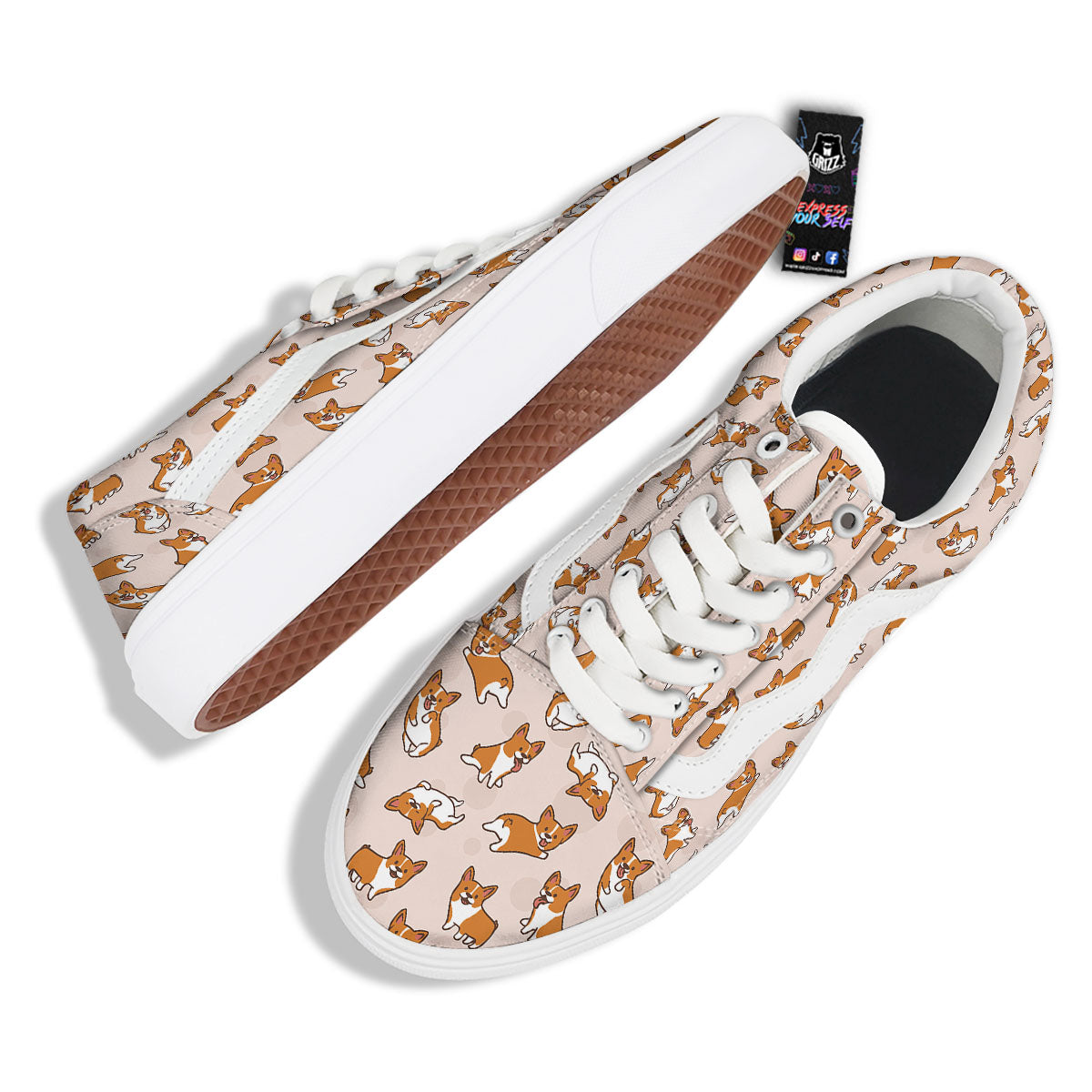 Corgi Cartoon Print Pattern Skate Shoes-grizzshop
