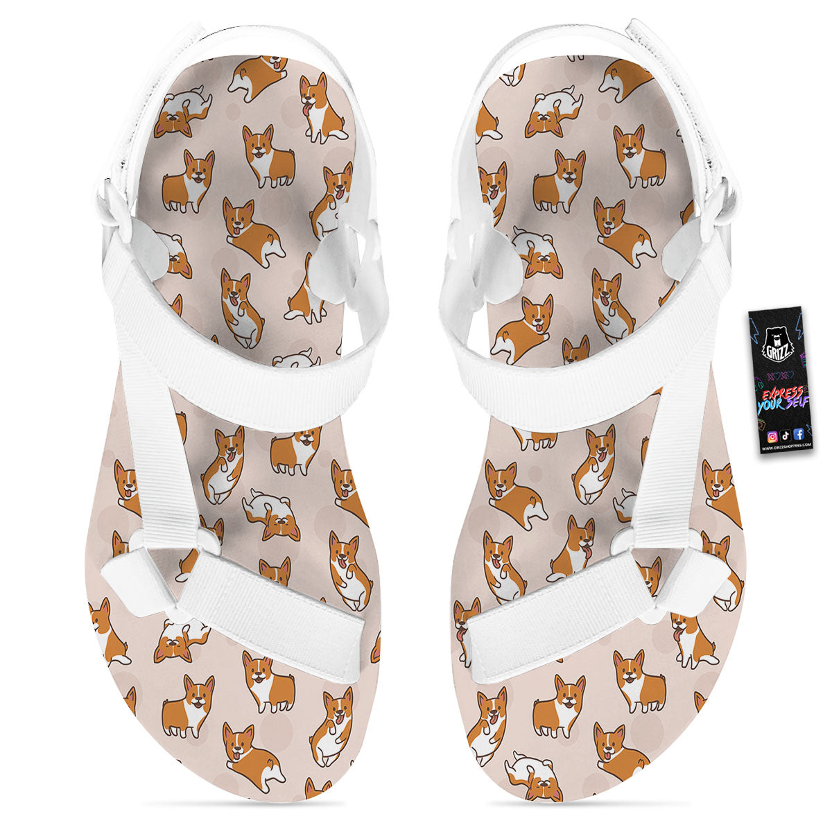 Corgi Cartoon Print Pattern White Open Toe Sandals-grizzshop