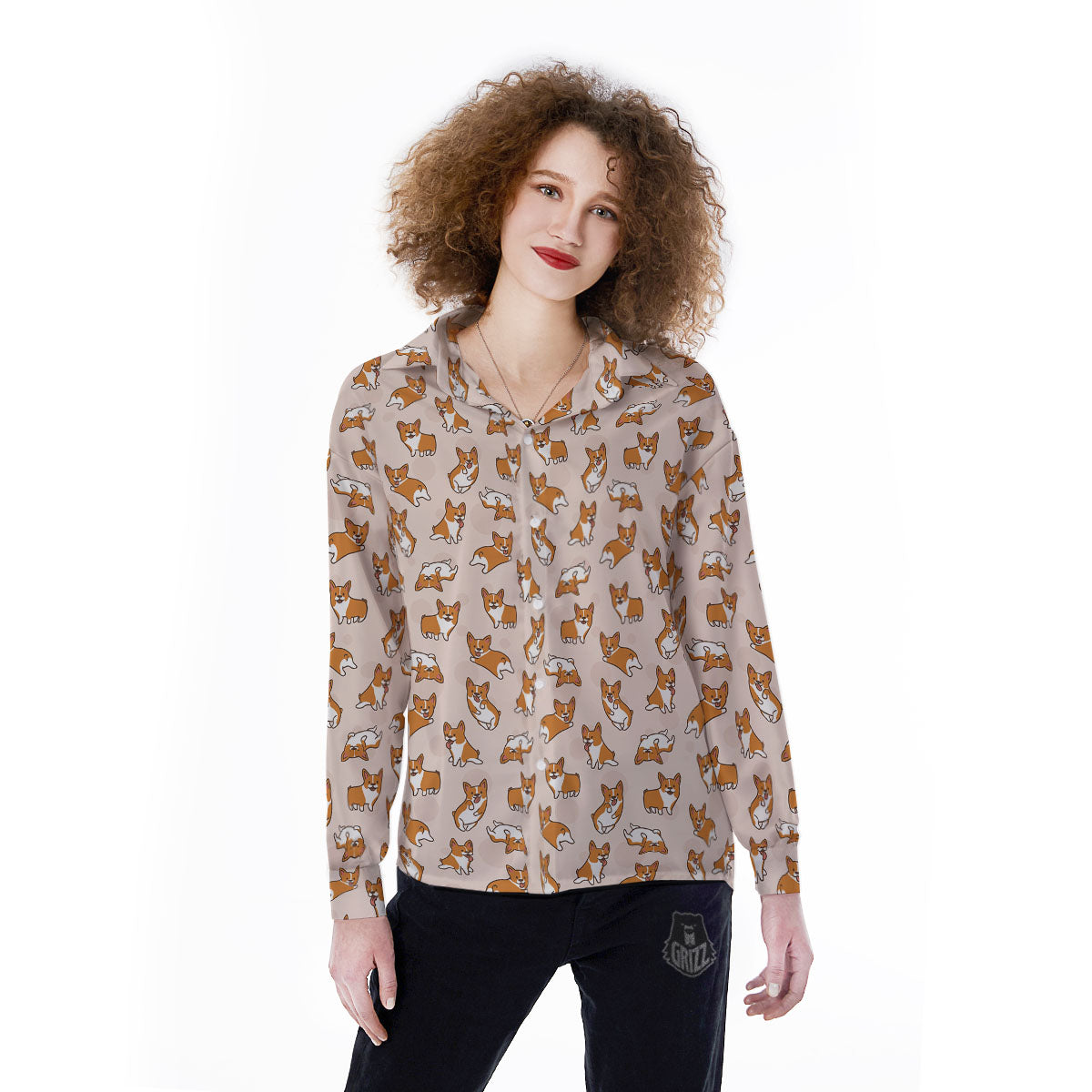 Corgi Cartoon Print Pattern Women's Long Sleeve Shirts-grizzshop