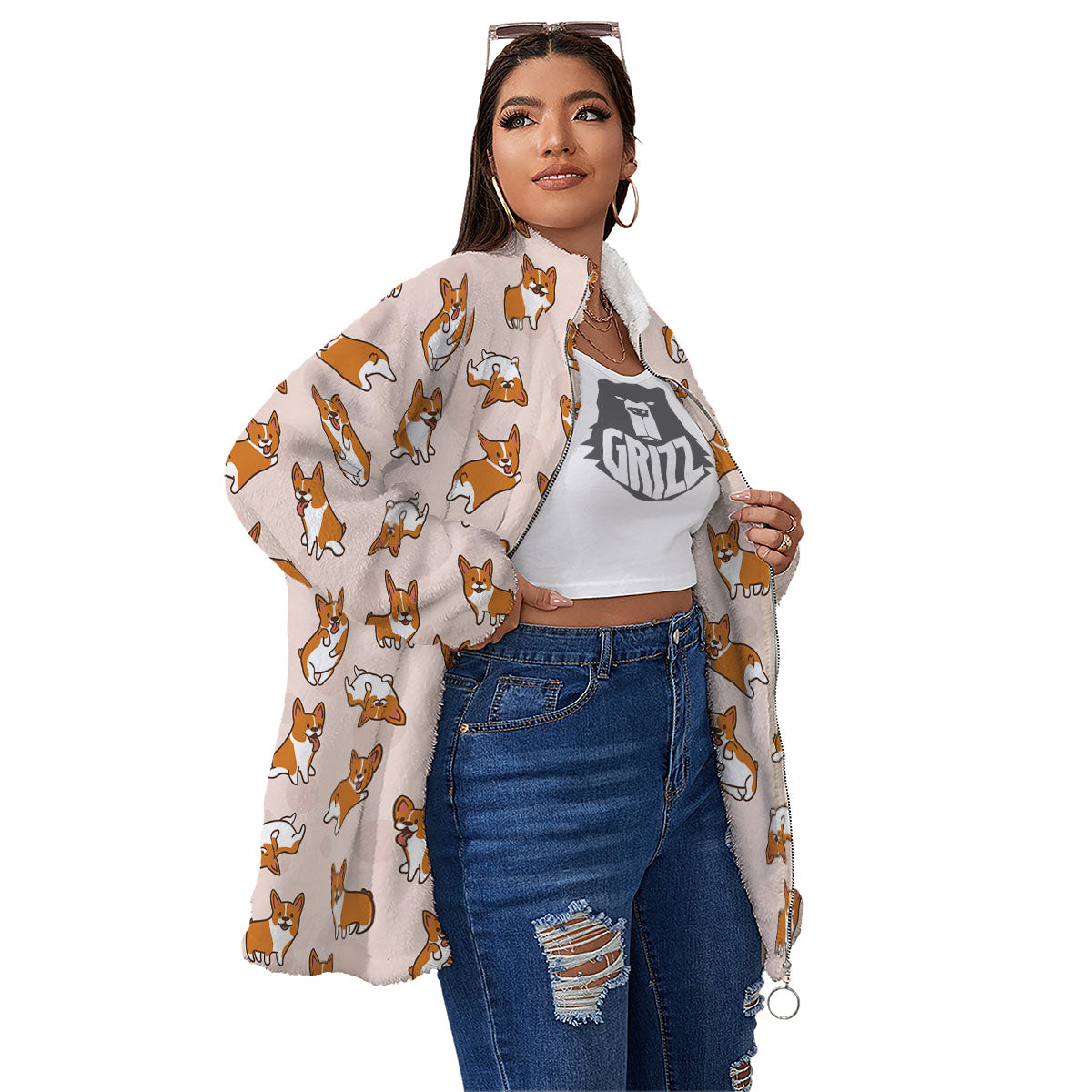 Corgi Cartoon Print Pattern Women's Sherpa Jacket-grizzshop