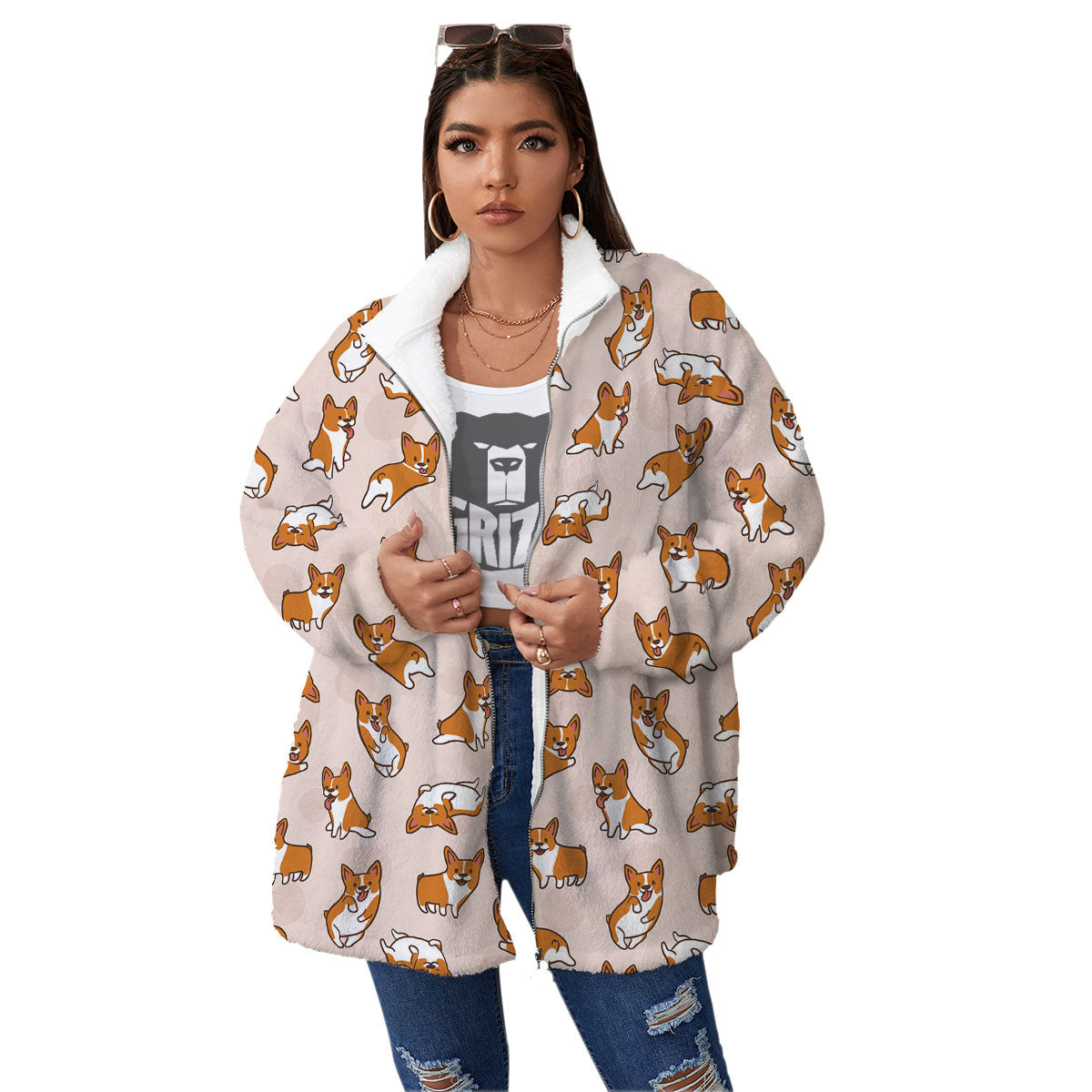 Corgi Cartoon Print Pattern Women's Sherpa Jacket-grizzshop