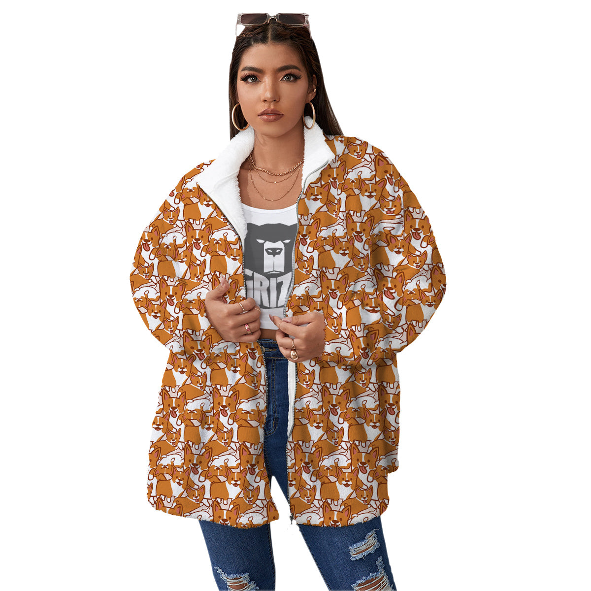 Corgi Cute Print Pattern Women's Sherpa Jacket-grizzshop