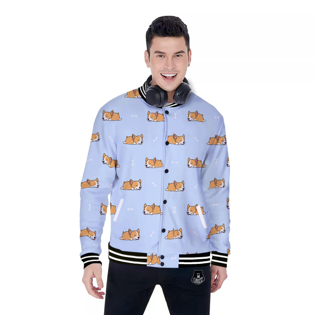 Corgi Sleeping Print Pattern Baseball Jacket-grizzshop
