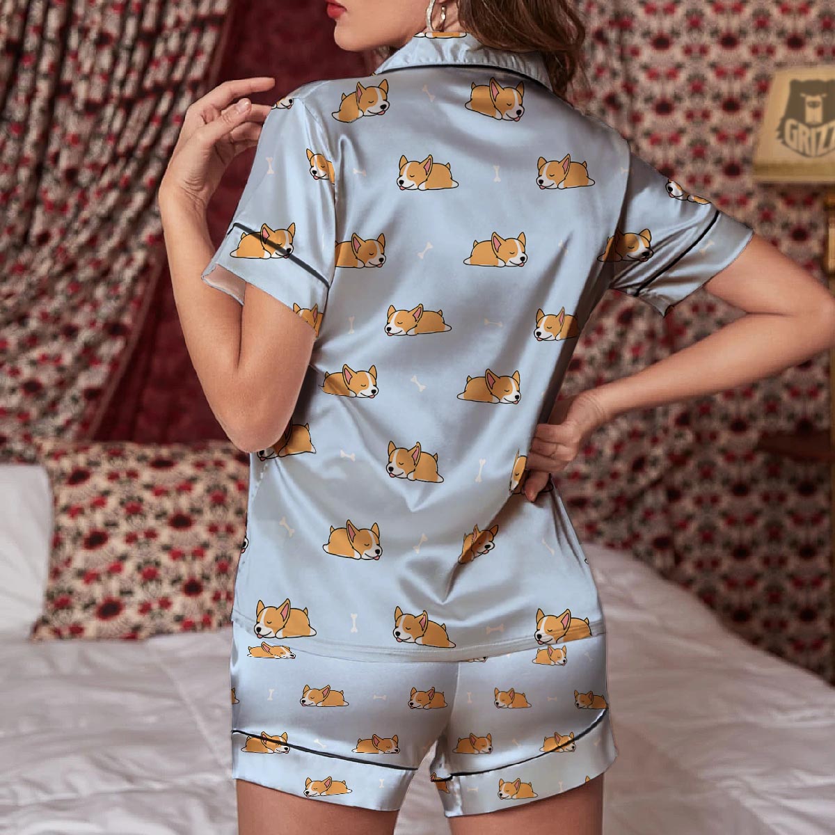 Corgi Sleeping Print Pattern Women Silk Pajamas-grizzshop
