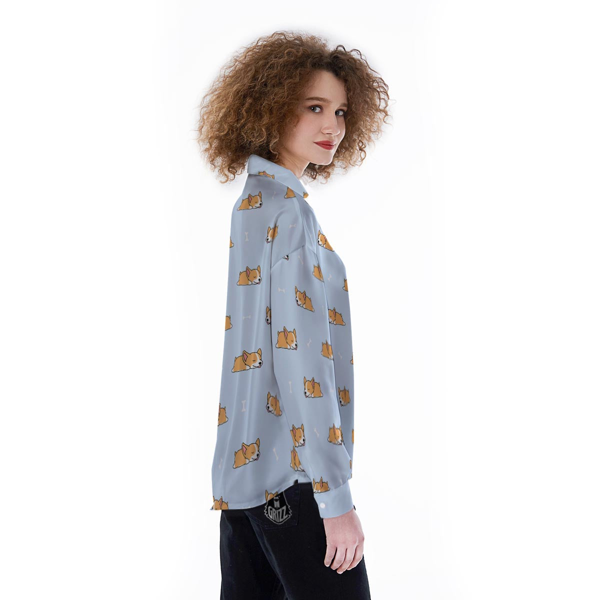 Corgi Sleeping Print Pattern Women's Long Sleeve Shirts-grizzshop