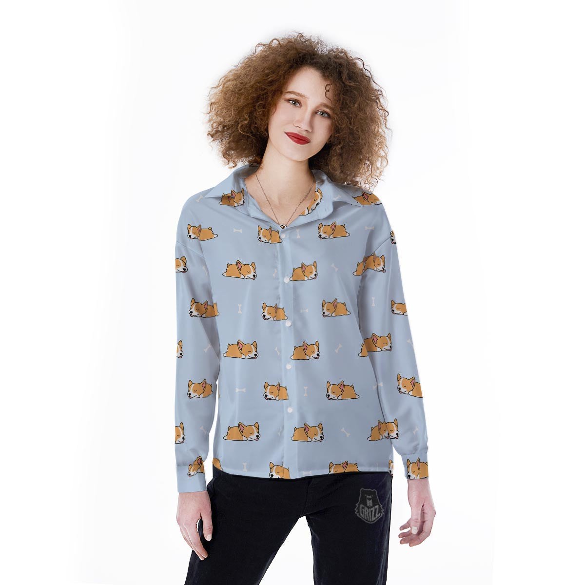Corgi Sleeping Print Pattern Women's Long Sleeve Shirts-grizzshop