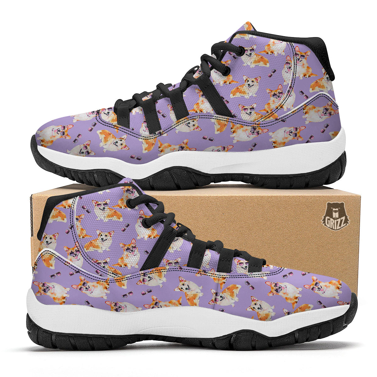 Corgi Watercolor Print Pattern Black Bball Shoes-grizzshop