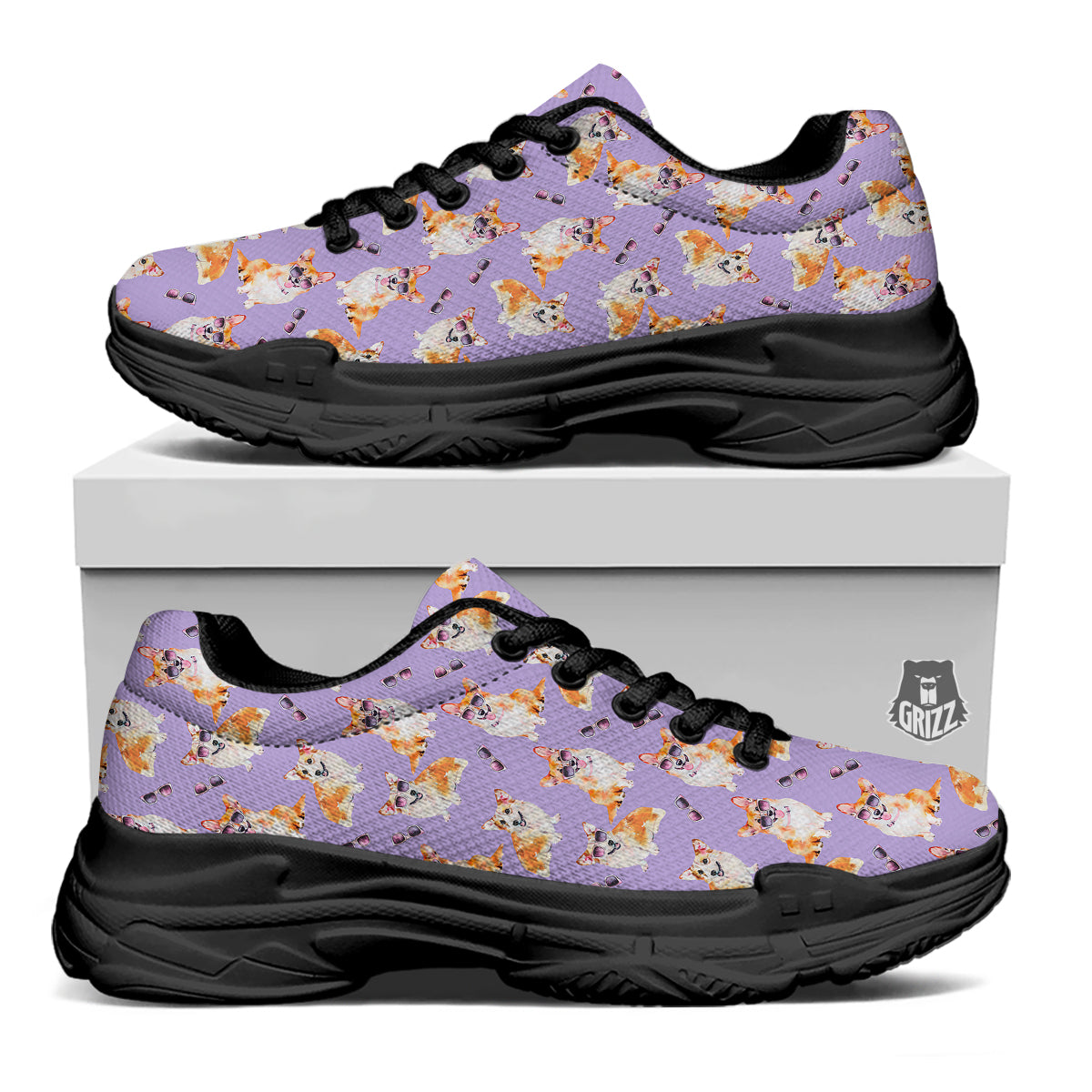Corgi Watercolor Print Pattern Black Chunky Shoes-grizzshop